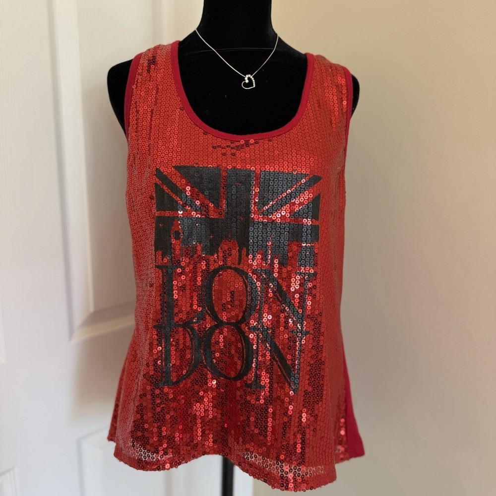 Vintage Y2K BONGO Tank Top XL Red Sequin London Graphic Club Festival Punk Glam
